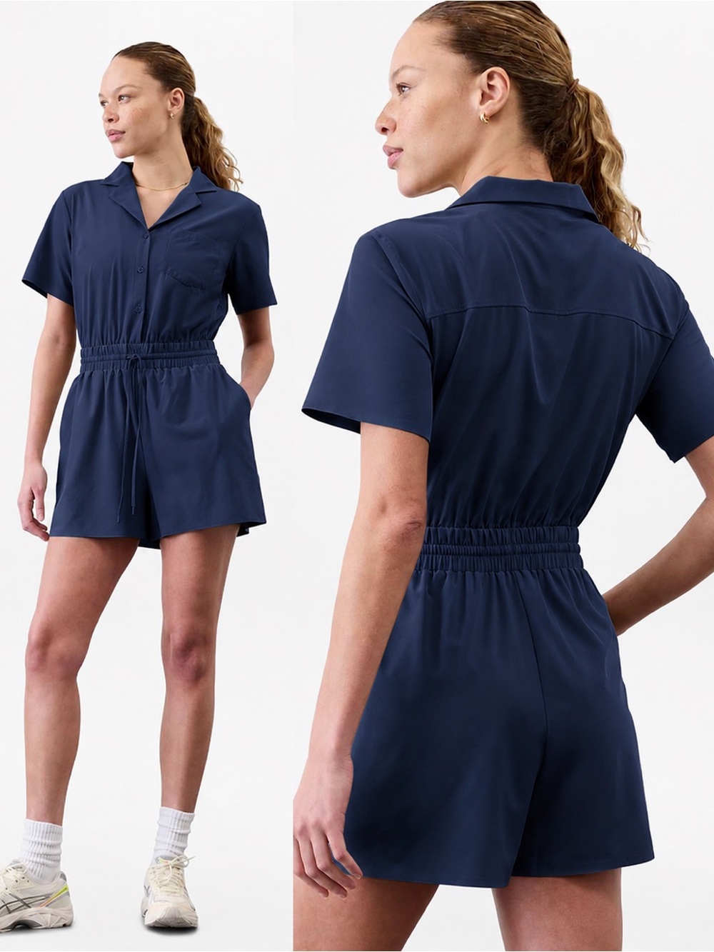 Athleta Navy Short-Sleeve Romper with Drawstring Waist-size M